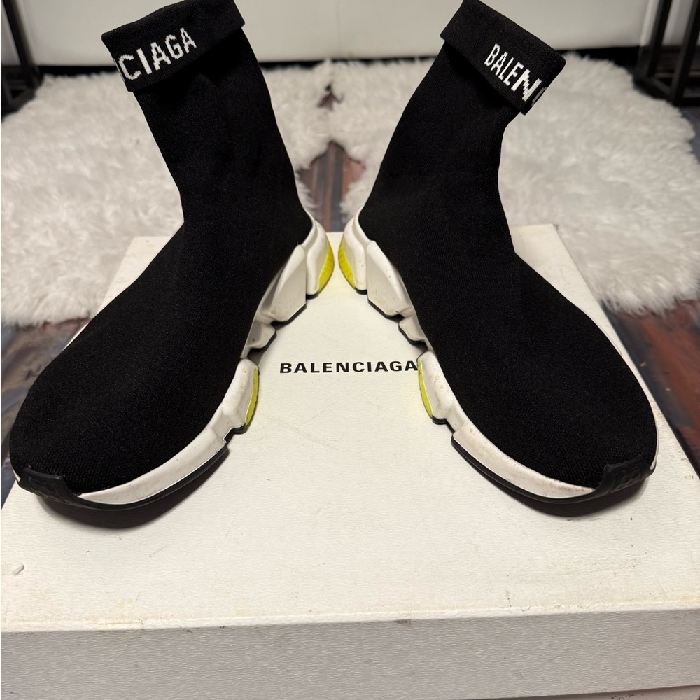 Balenciaga Black and White Sock Sneakers with Yellow Accents - Picture 2 of 5